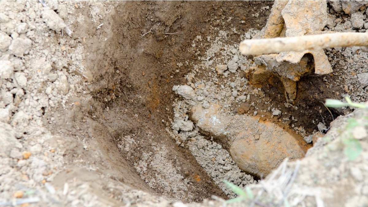 Eine alte Streubombe liegt im Schlamm