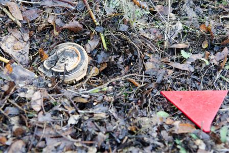 Ein Entminer in Ausrüstung kniet auf einer Wiese