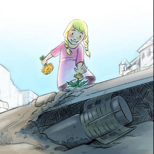 Eine Illustration zeigt eine zerbombte Stadt und ein kleines Mädchen, das Blumen pflückt. Sie sieht nicht, dass unter der Blume eine versteckte Mine auf sie lauert. 