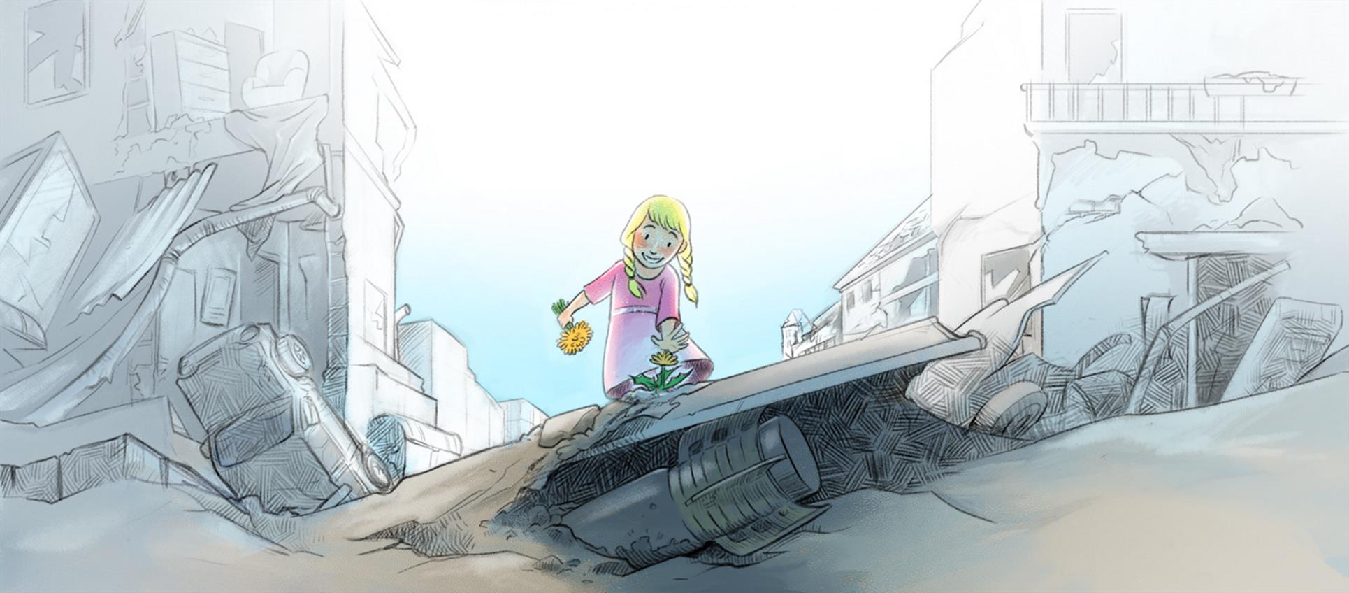 Eine Illustration zeigt eine zerbombte Stadt und ein kleines Mädchen, das Blumen pflückt. Sie sieht nicht, dass unter der Blume eine versteckte Mine auf sie lauert. 