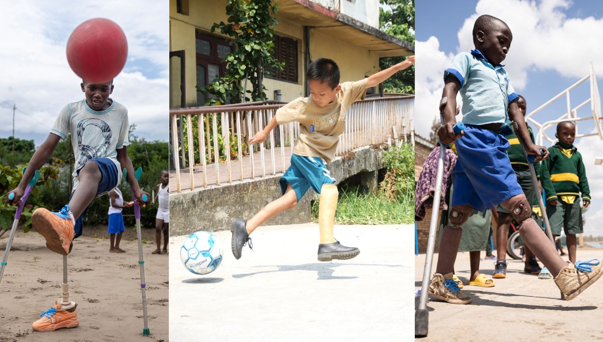 drei verschiedene Kinder mit Prothesen, die Fußball spielen