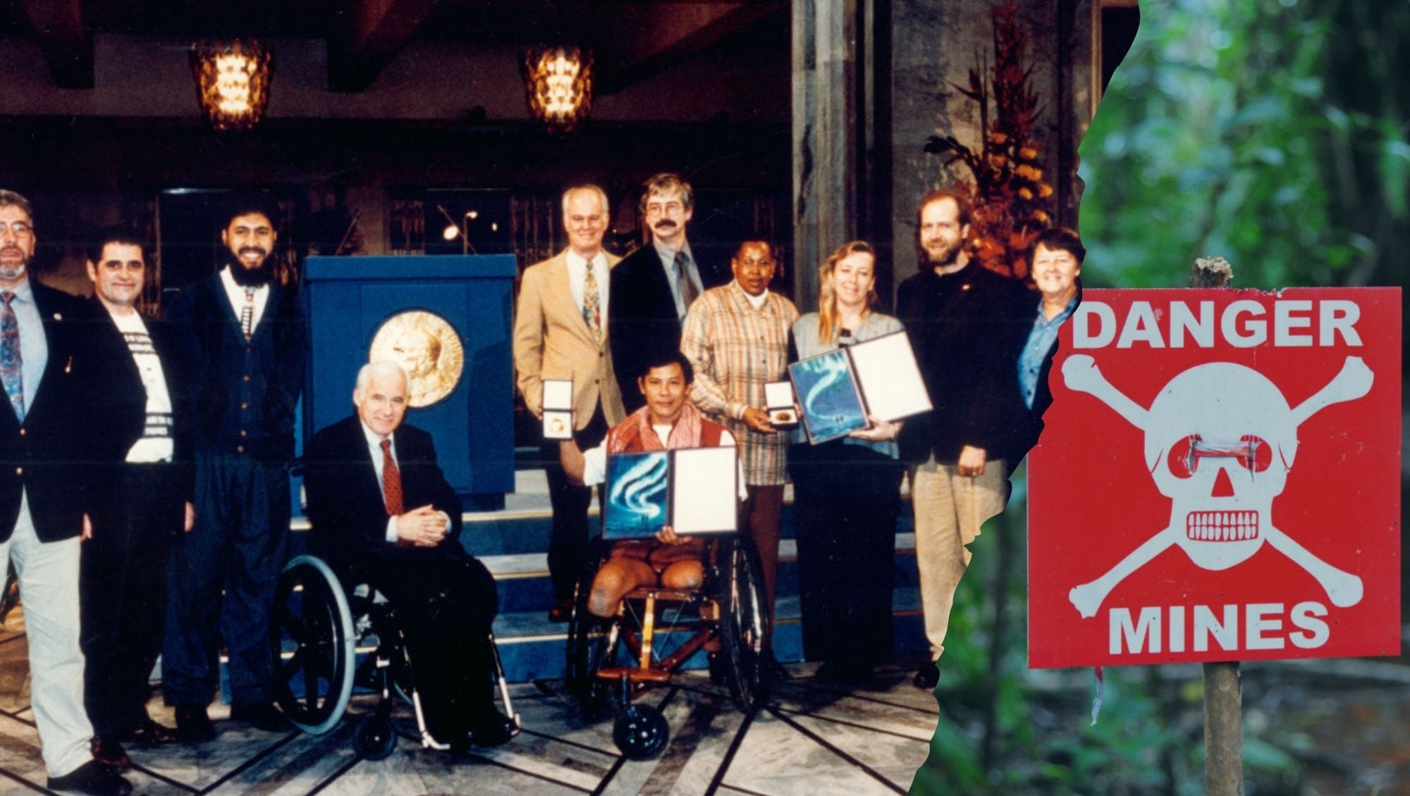Preisverleihung des Friedensnobelpreis 1997 an u.a. Handicap International. Daneben ein aktuelles Minen-Warnschild